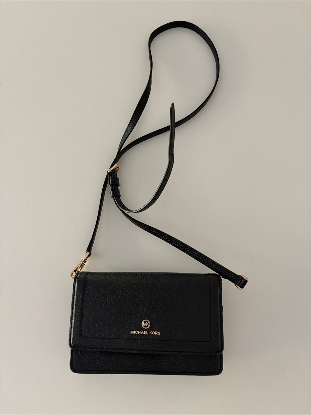 Michael Kors Black Leather Crossbody Wallet Purse with Gold Hardware